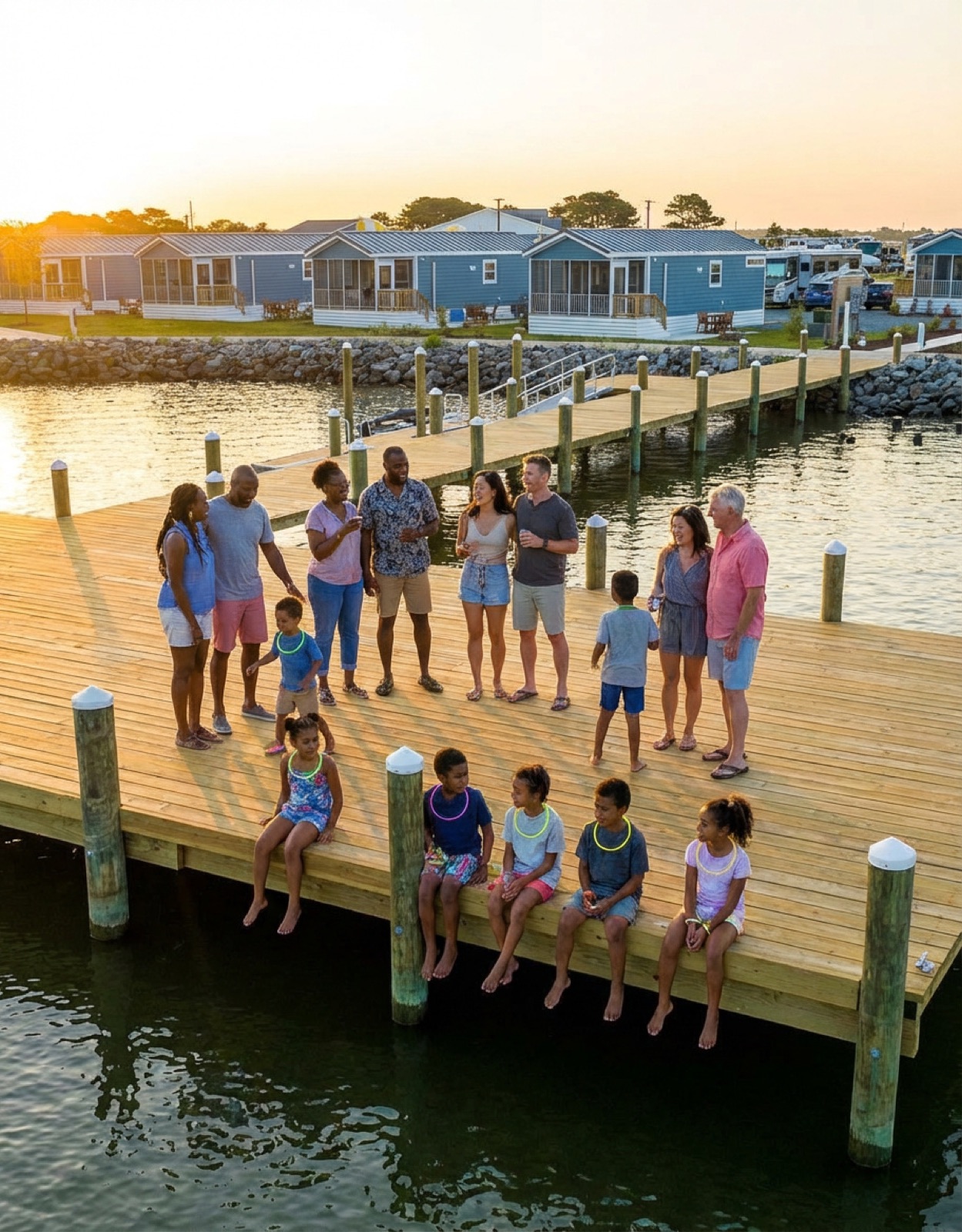 Families gathered on the dock at sunset