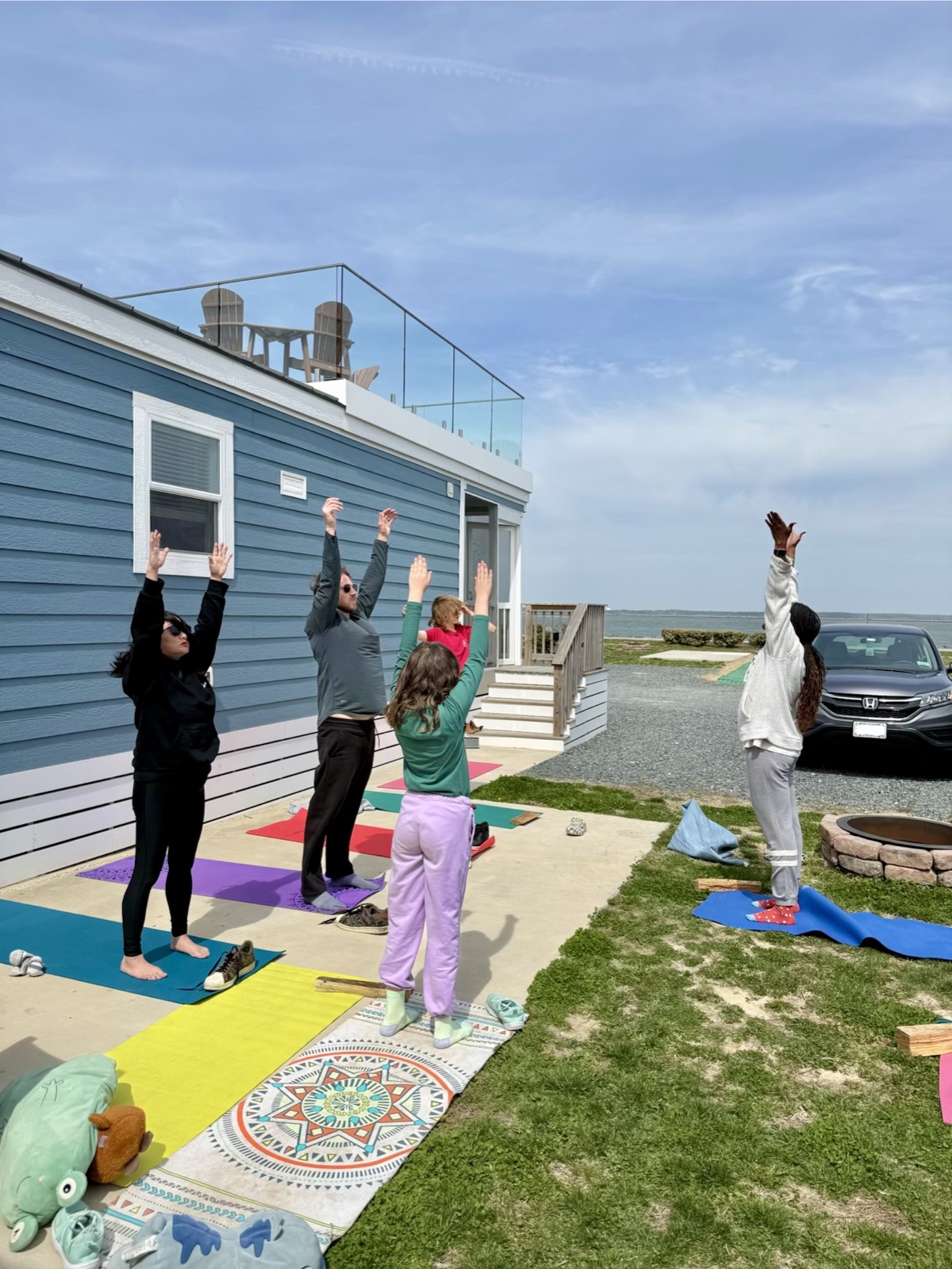 Morning yoga outside the cabin