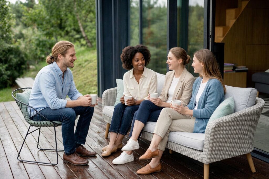Colleagues talking outdoors at a retreat venue